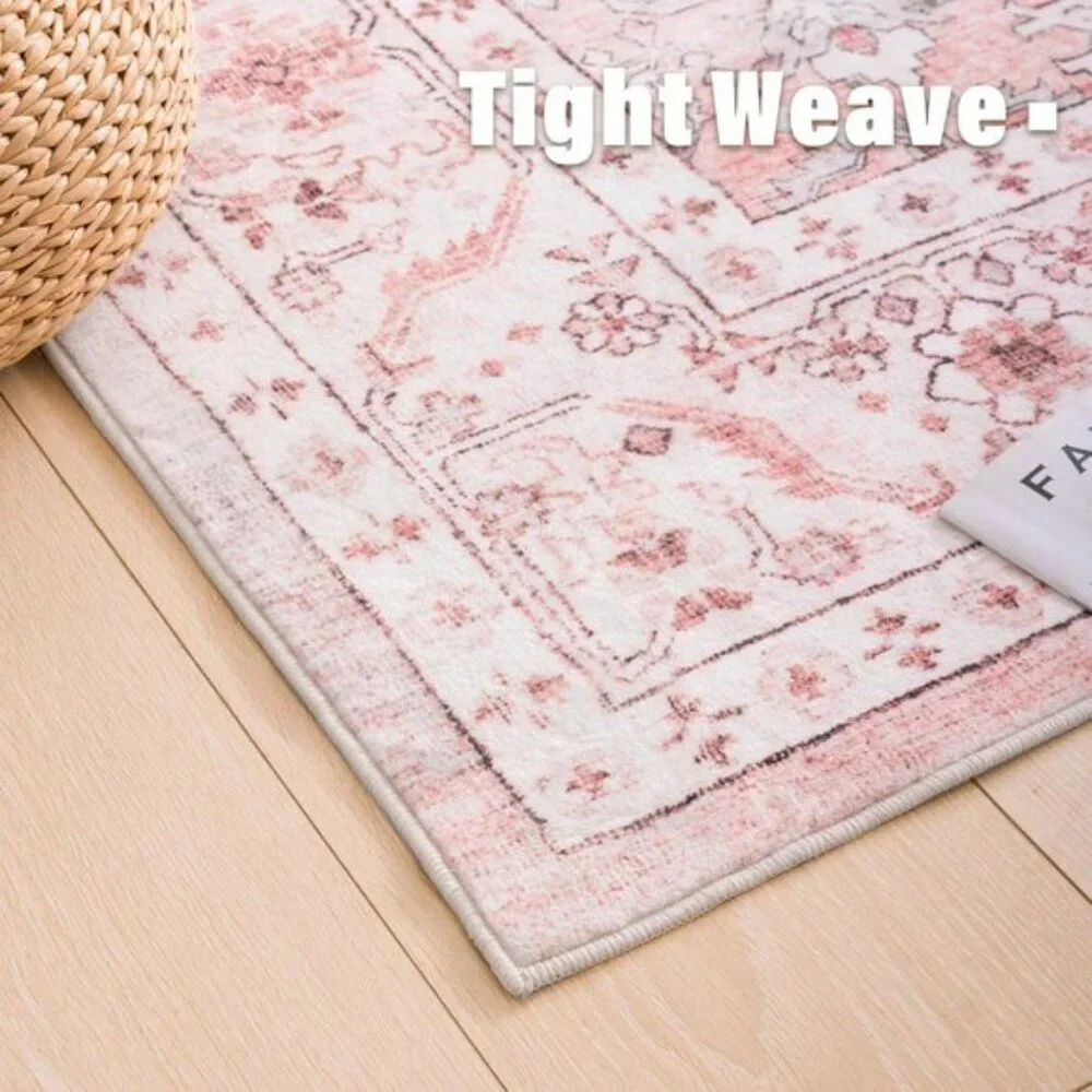 New 6x4 Vintage Pink Area Rug, Washable Non-Slip, Low Pile Carpet for Home